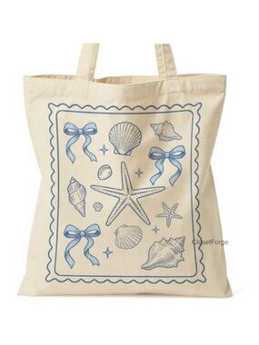 Canvas Coastal Tote Bag with Starfish & Shells, Inner Zipper Pocket
